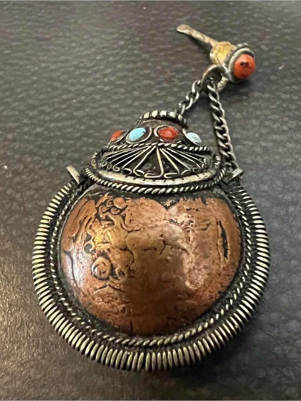 Handcrafted Copper and Silver Pendant with Turquoise and Coral Accents